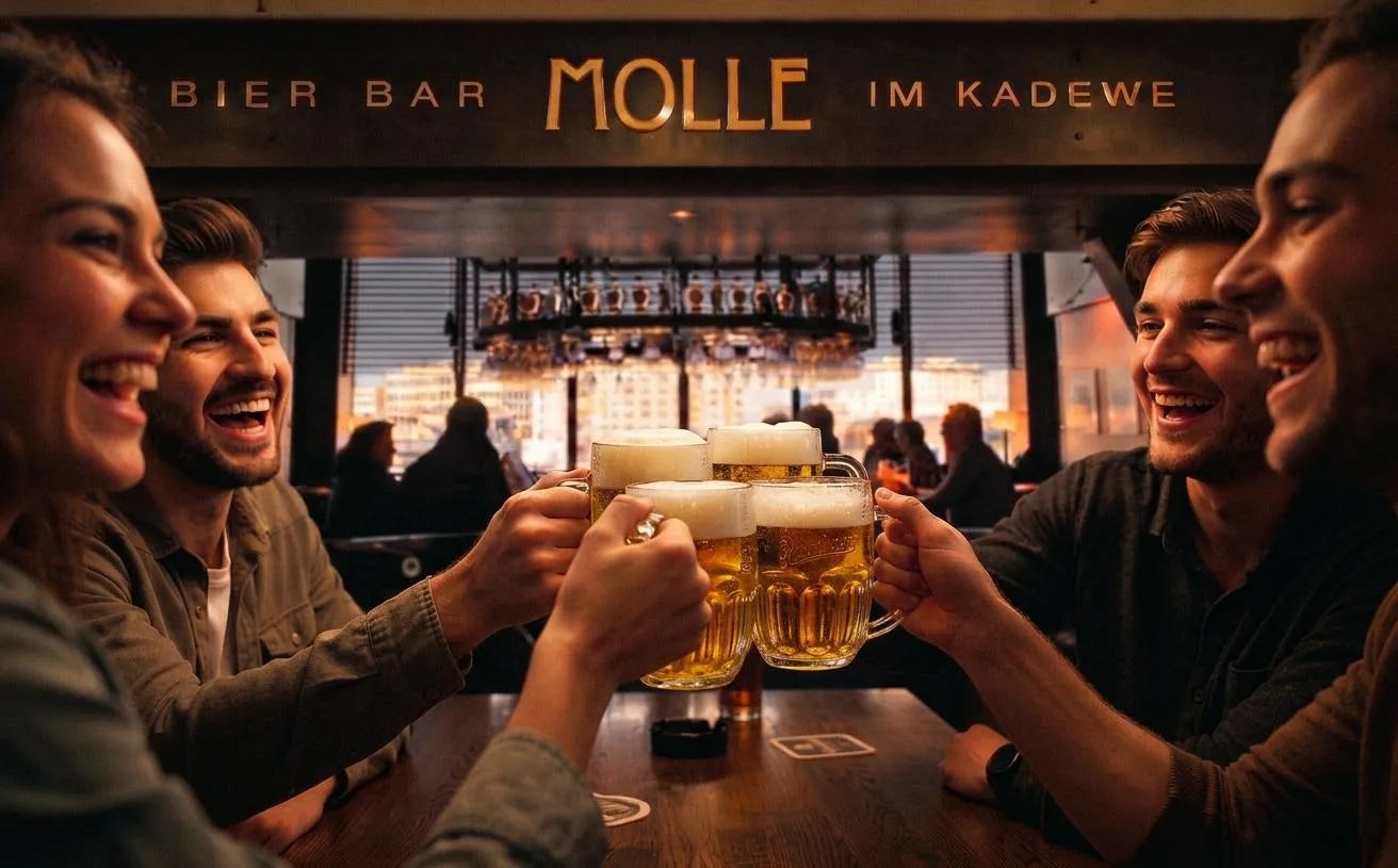 Freunde stoßen mit frisch gezapften Bierkrügen in der Bier Bar Molle an