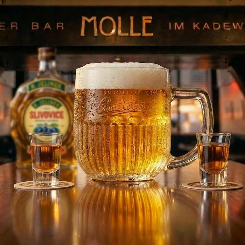 Frisch gezapftes Budweiser im Krug mit Slivovice-Schnaps an der Bier Bar Molle in Berlin