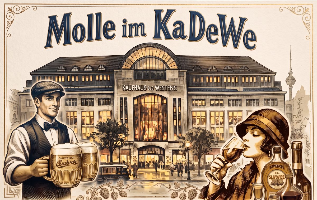 Molle im KaDeWe – historische Illustration des Kaufhaus des Westens mit Kellner, Budweiser Bierkrügen und Weingenuss