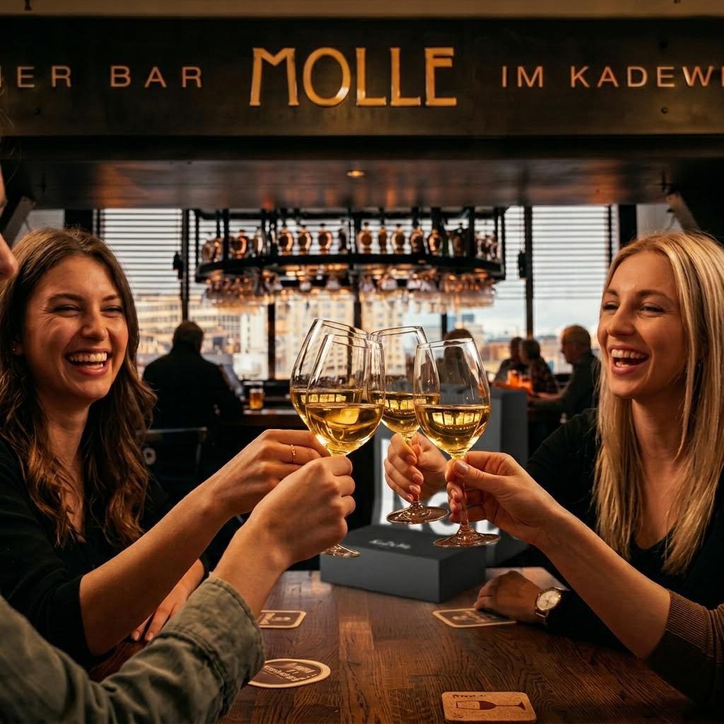 Freundinnen stoßen mit Weißwein in der Molle Bar im KaDeWe Berlin an